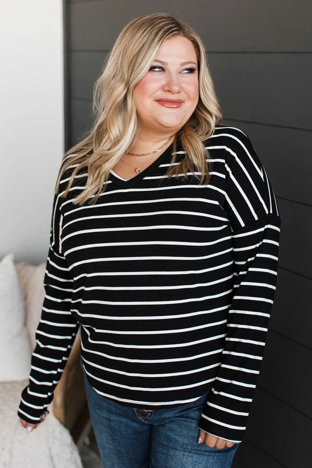 Sheer Joy Long Sleeve Striped Top- Black