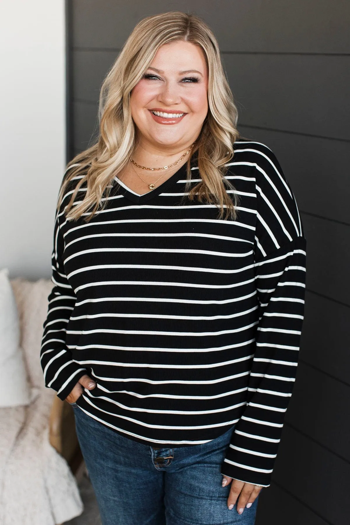 Sheer Joy Long Sleeve Striped Top- Black