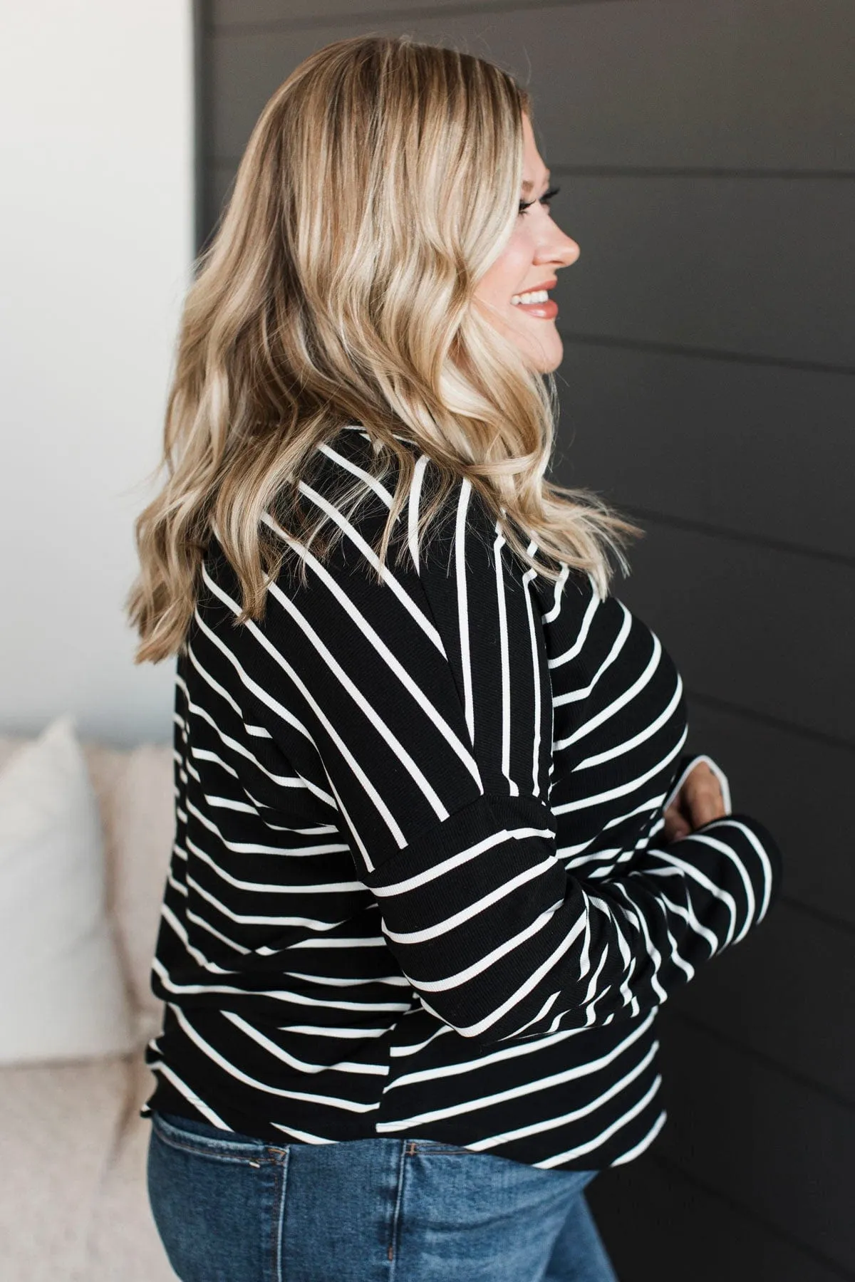 Sheer Joy Long Sleeve Striped Top- Black