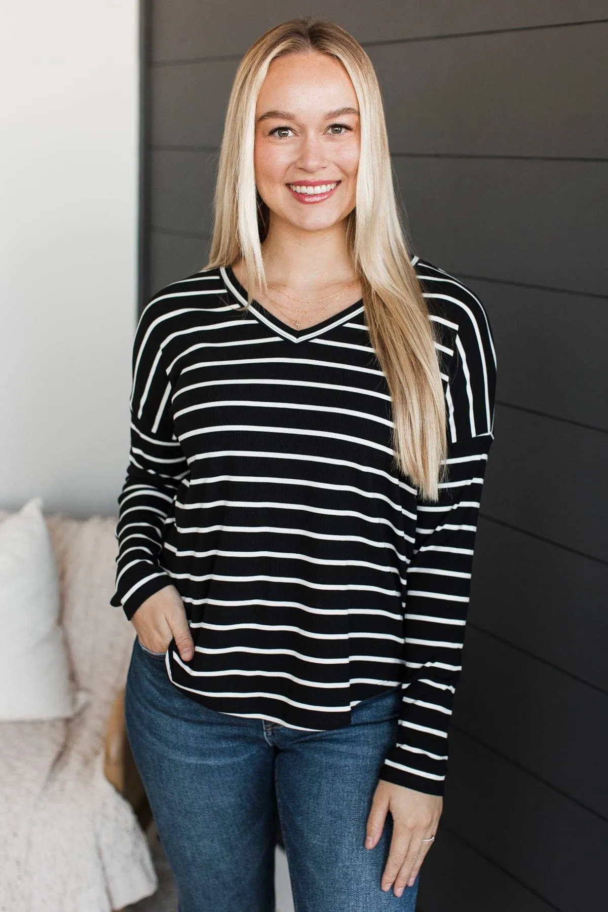 Sheer Joy Long Sleeve Striped Top- Black