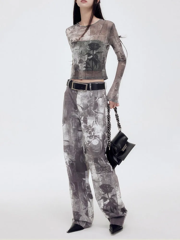 Sheer Mesh Silhouette Flower Cropped Cutsew