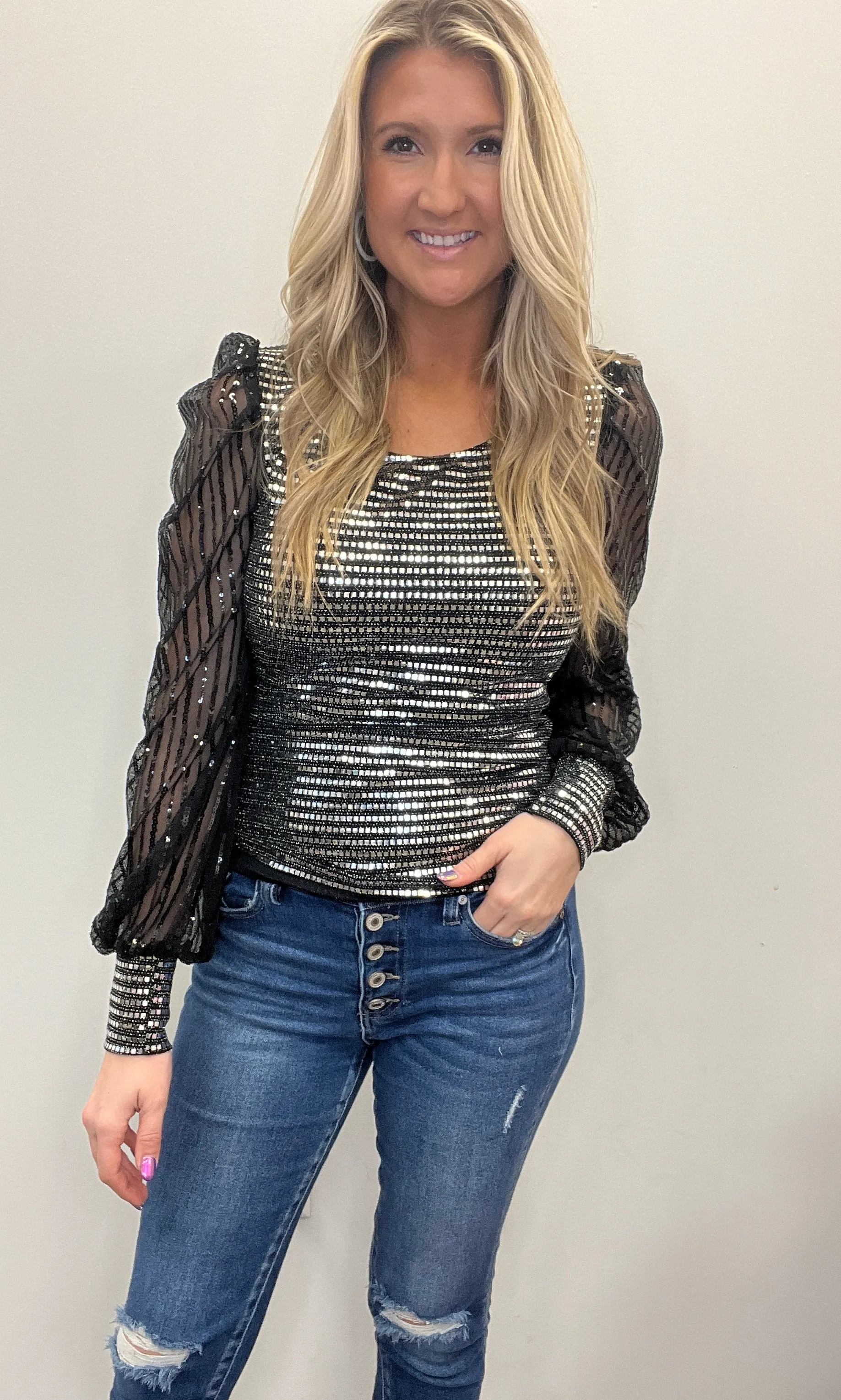 Sheer Sleeve Sequin Top