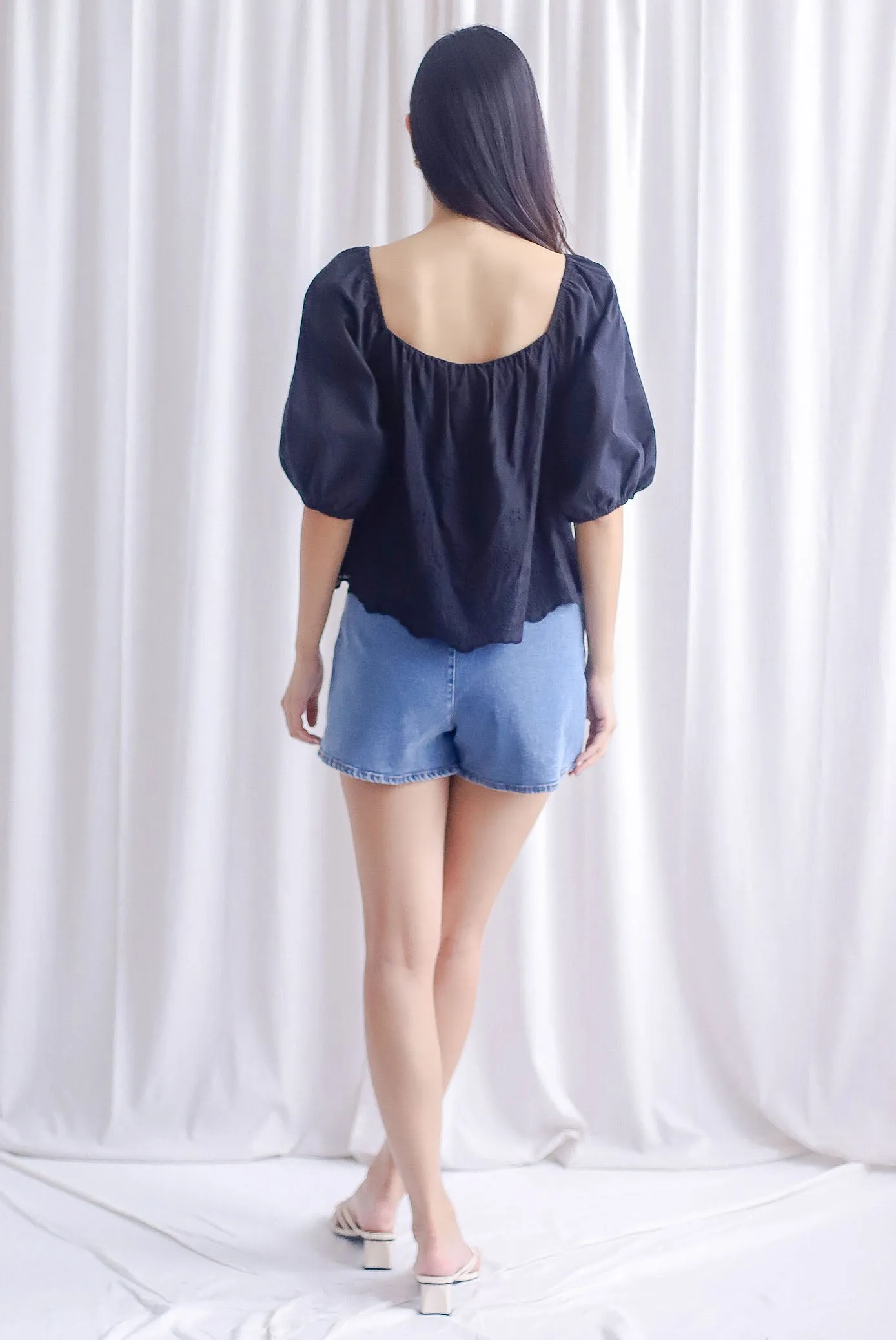 Sherlyn Eyelet Puffy Sleeve Top In Black