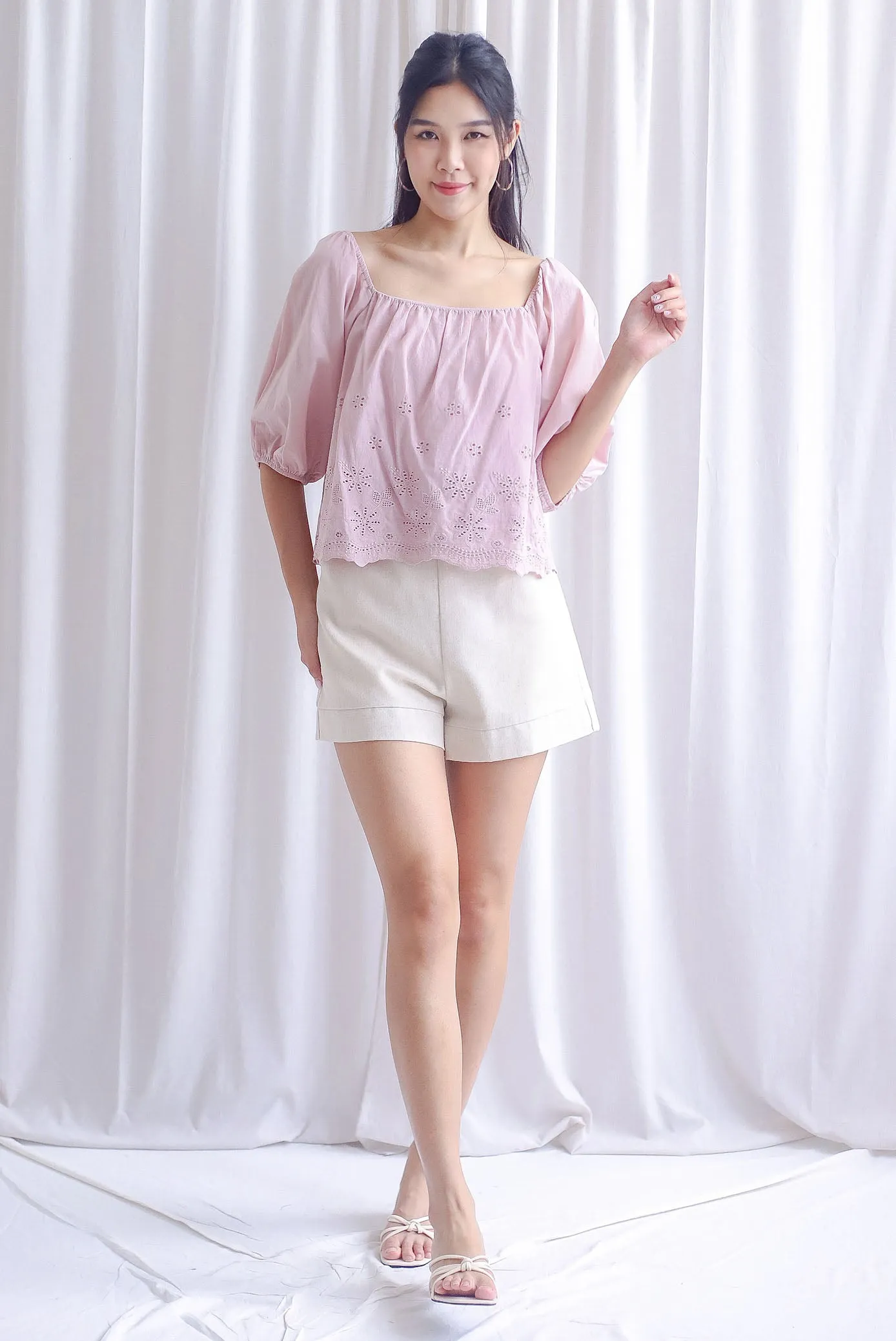 Sherlyn Eyelet Puffy Sleeve Top In Blush
