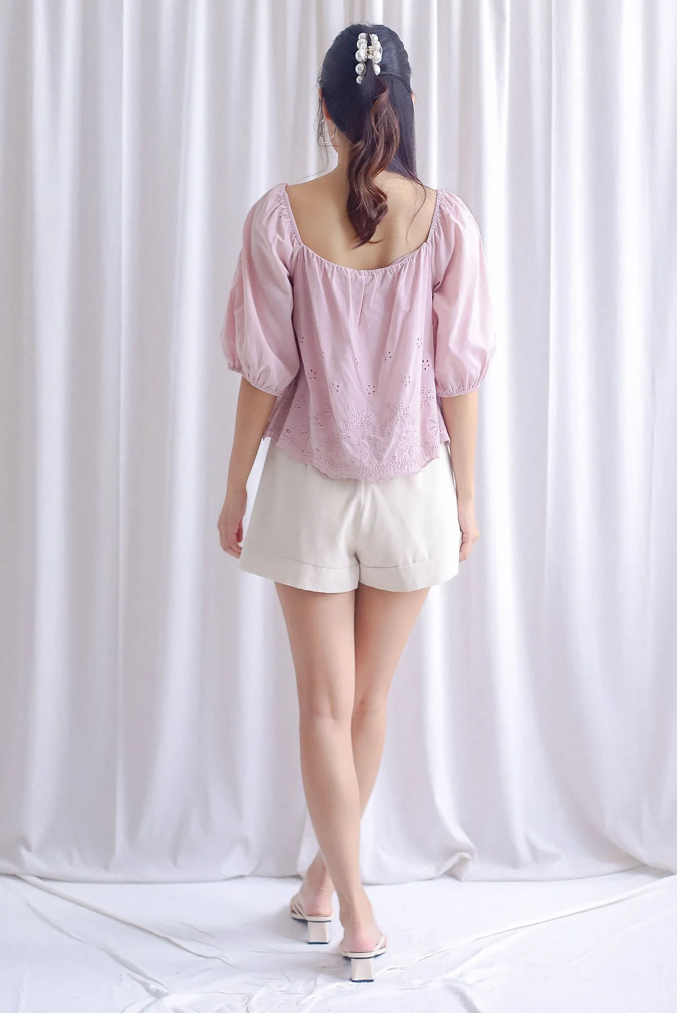 Sherlyn Eyelet Puffy Sleeve Top In Blush