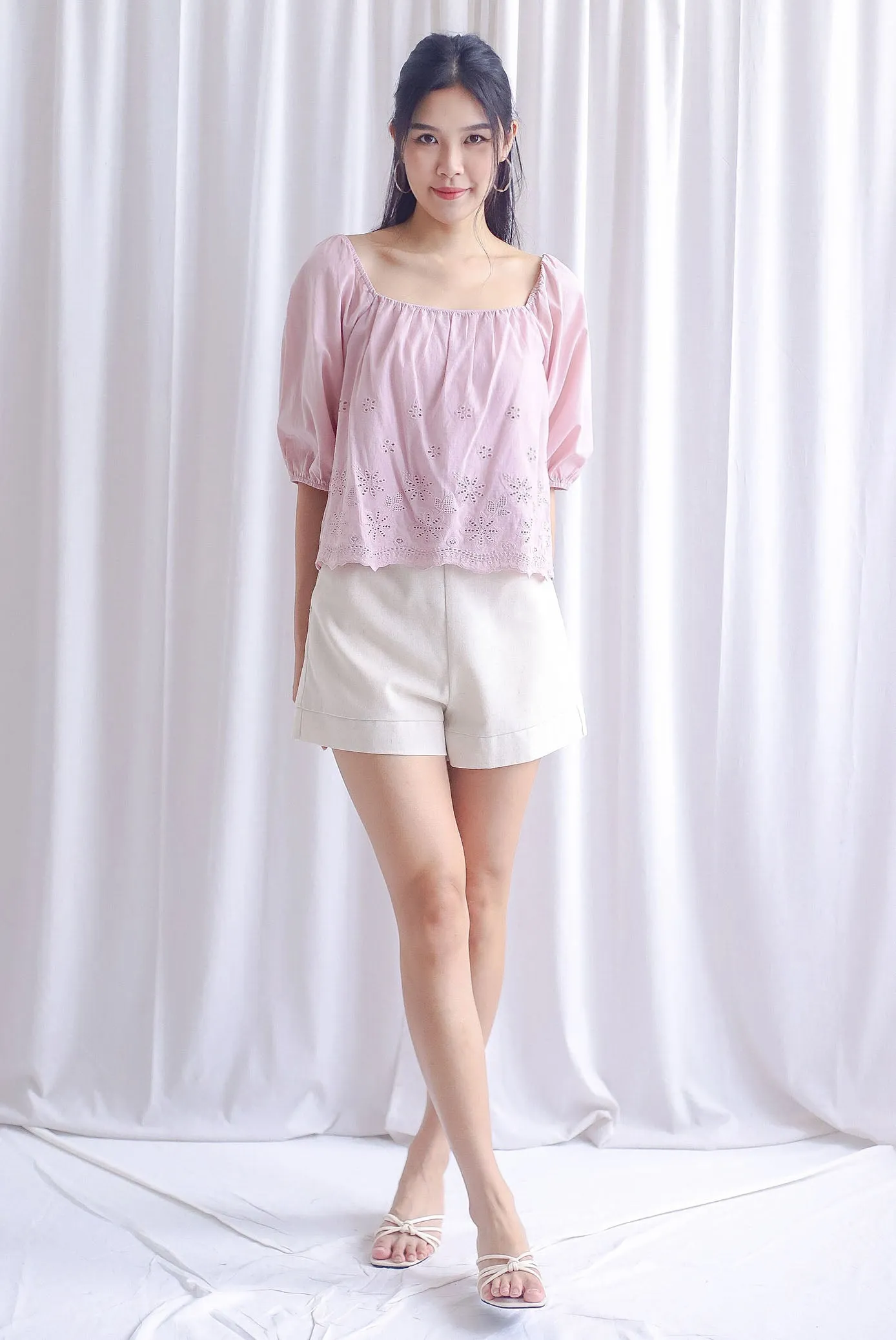 Sherlyn Eyelet Puffy Sleeve Top In Blush