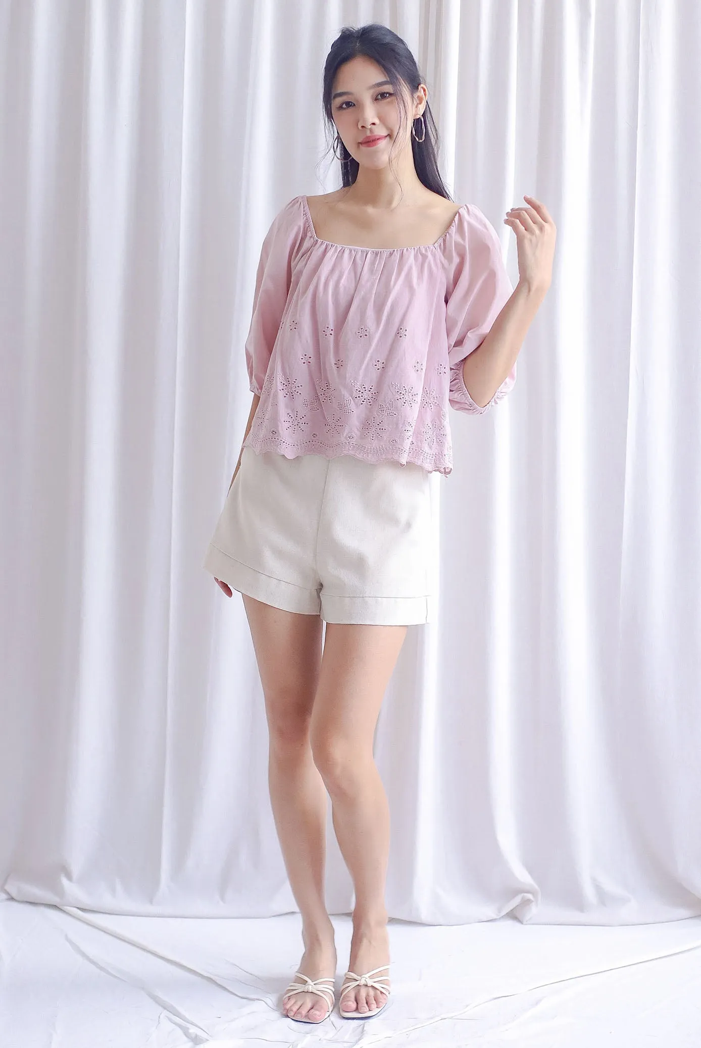 Sherlyn Eyelet Puffy Sleeve Top In Blush