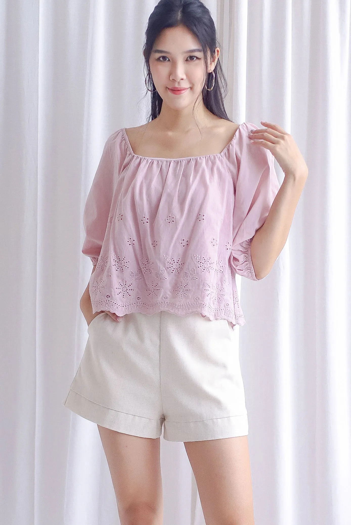 Sherlyn Eyelet Puffy Sleeve Top In Blush