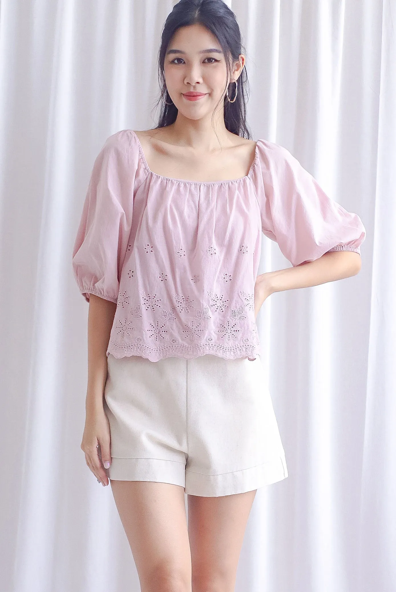 Sherlyn Eyelet Puffy Sleeve Top In Blush