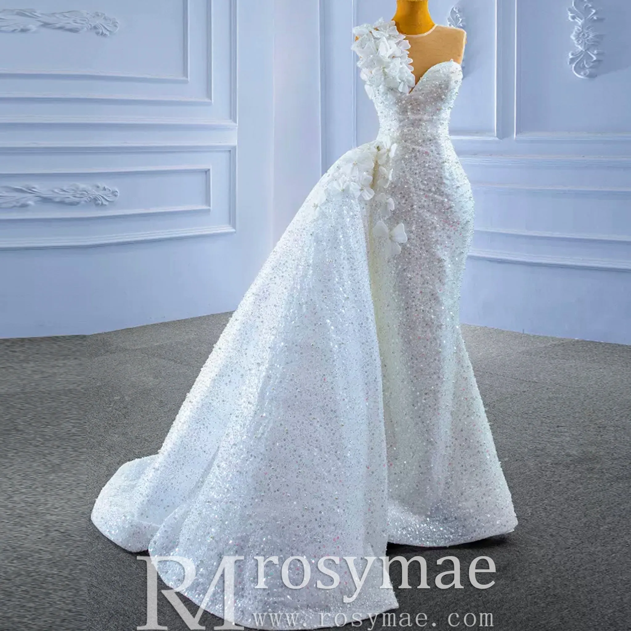 Shiny Beaded Mermaid Wedding Dress with Detachable Skirt