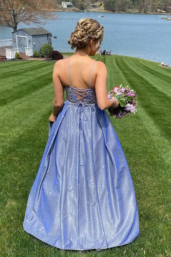 Shiny Blue A-line Sweetheart Neck Lace Top Long Prom Dresses, MP898