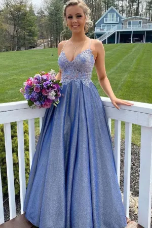 Shiny Blue A-line Sweetheart Neck Lace Top Long Prom Dresses, MP898