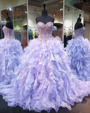 Shiny Lilac Quinceanera Dresses 2018 Sweetheart Sparkly Rhinestones Puffy Ruffles Ball Gown vestidos de quinceañera Sweet 15