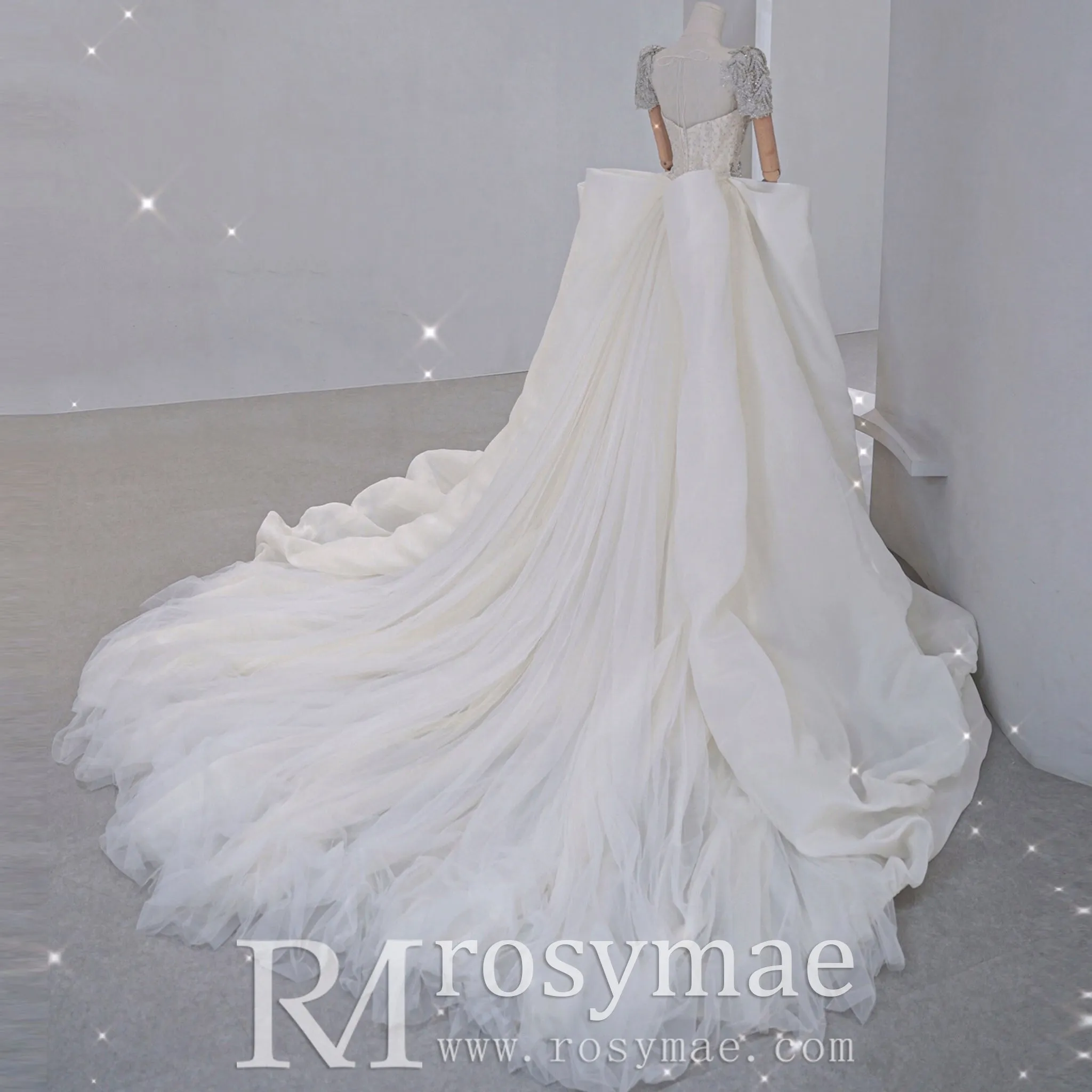 Short Sleeve Mermaid Wedding Dress with Detachable Skirt
