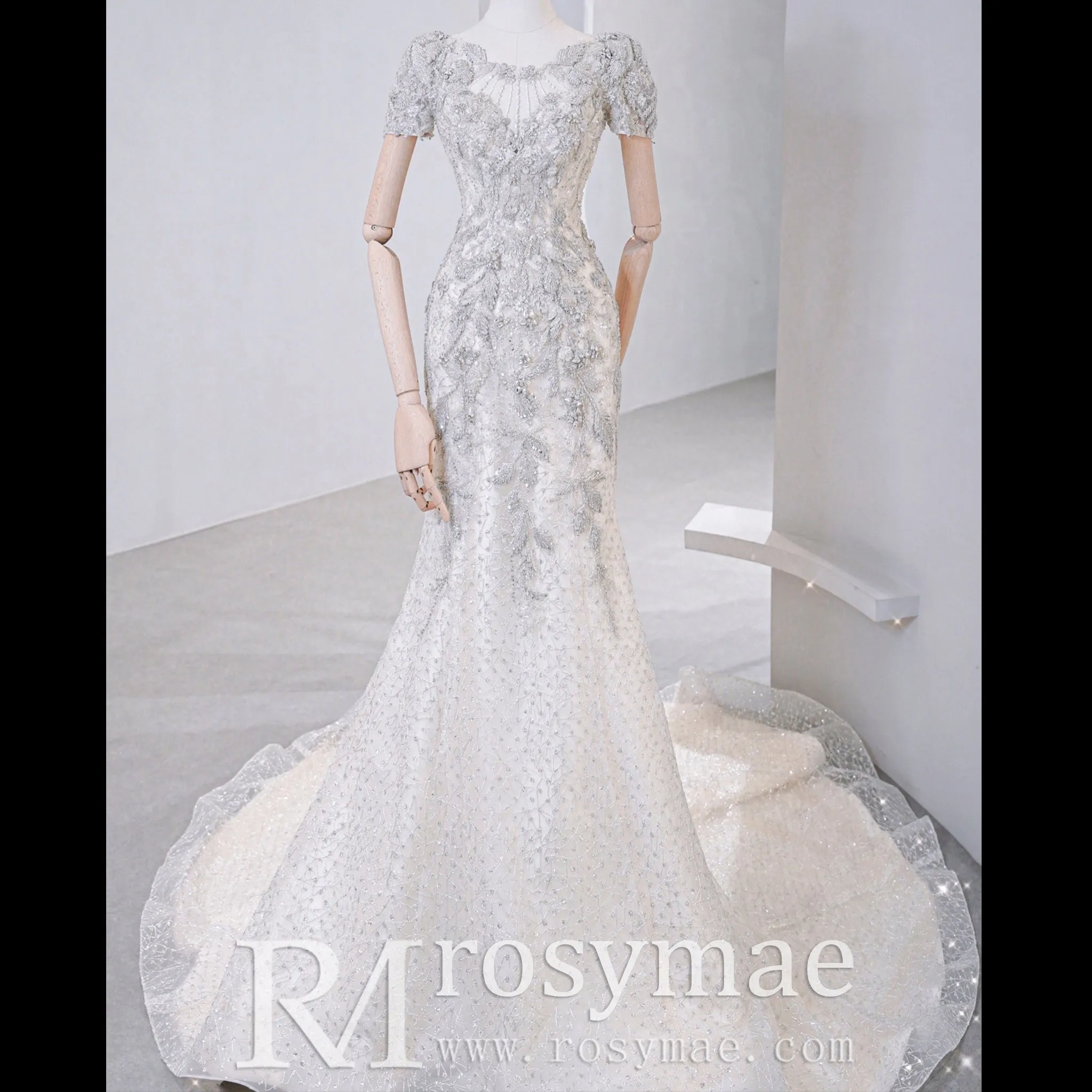 Short Sleeve Mermaid Wedding Dress with Detachable Skirt