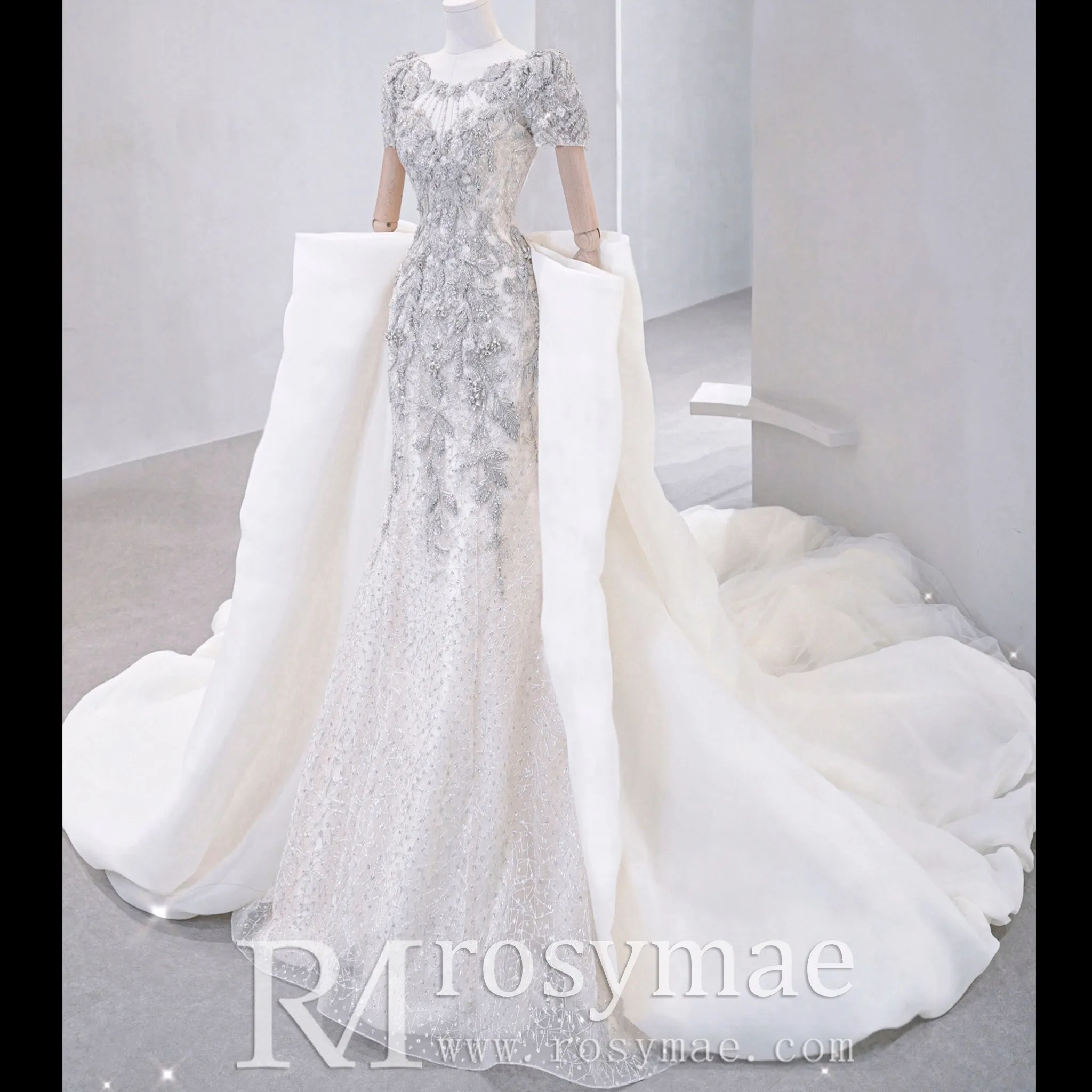 Short Sleeve Mermaid Wedding Dress with Detachable Skirt