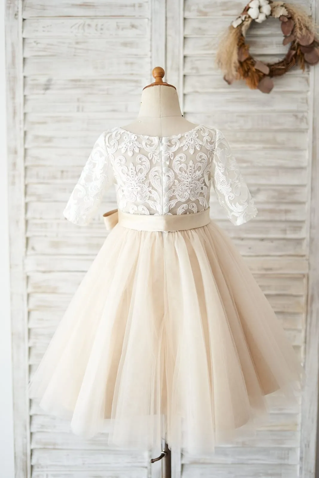 Short Sleeves Ivory Lace Tulle Wedding Flower Girl Dress, Champagne Lining