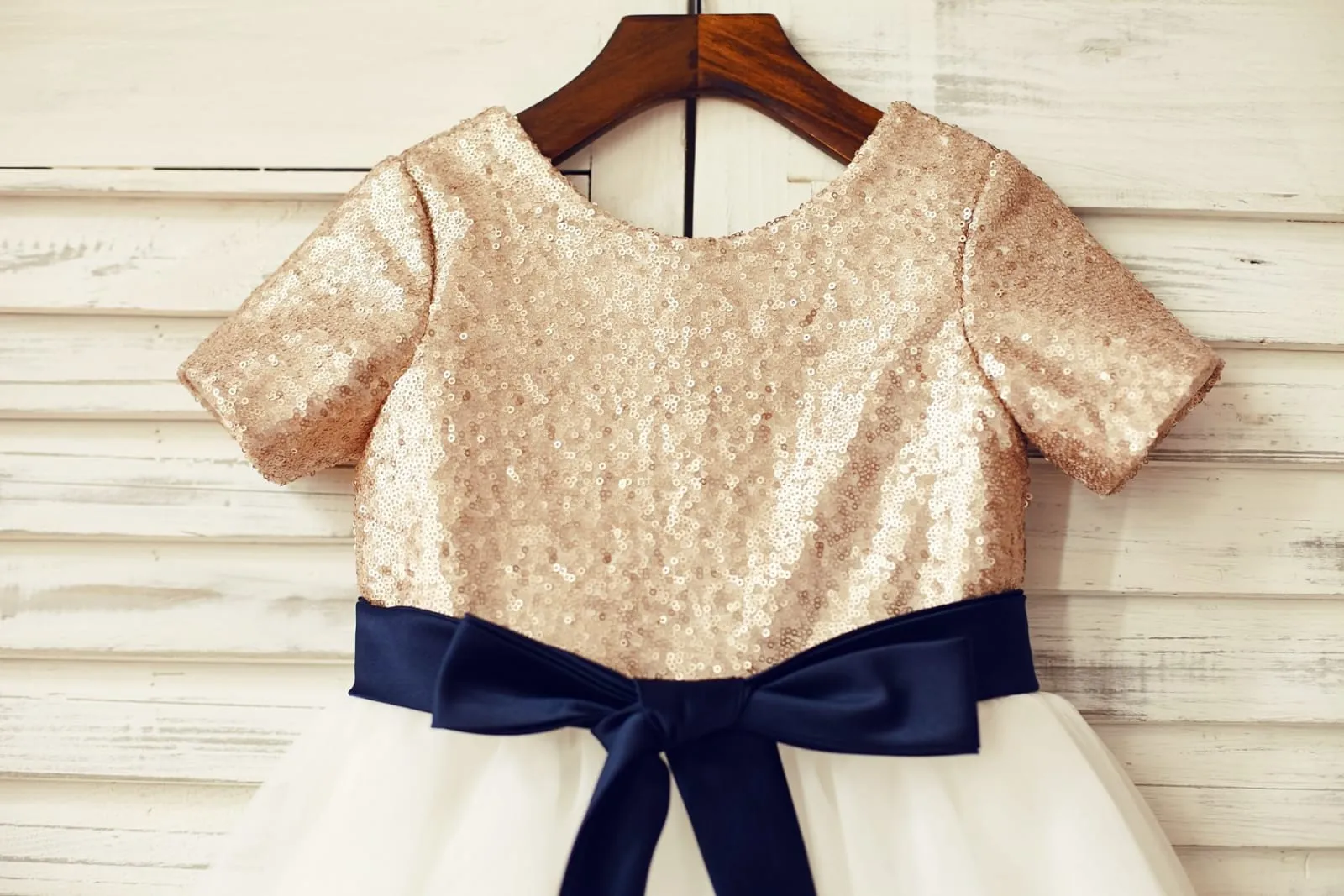 Short Sleeves Mate Champagne Sequin Tulle Flower Girl Dress, Belt