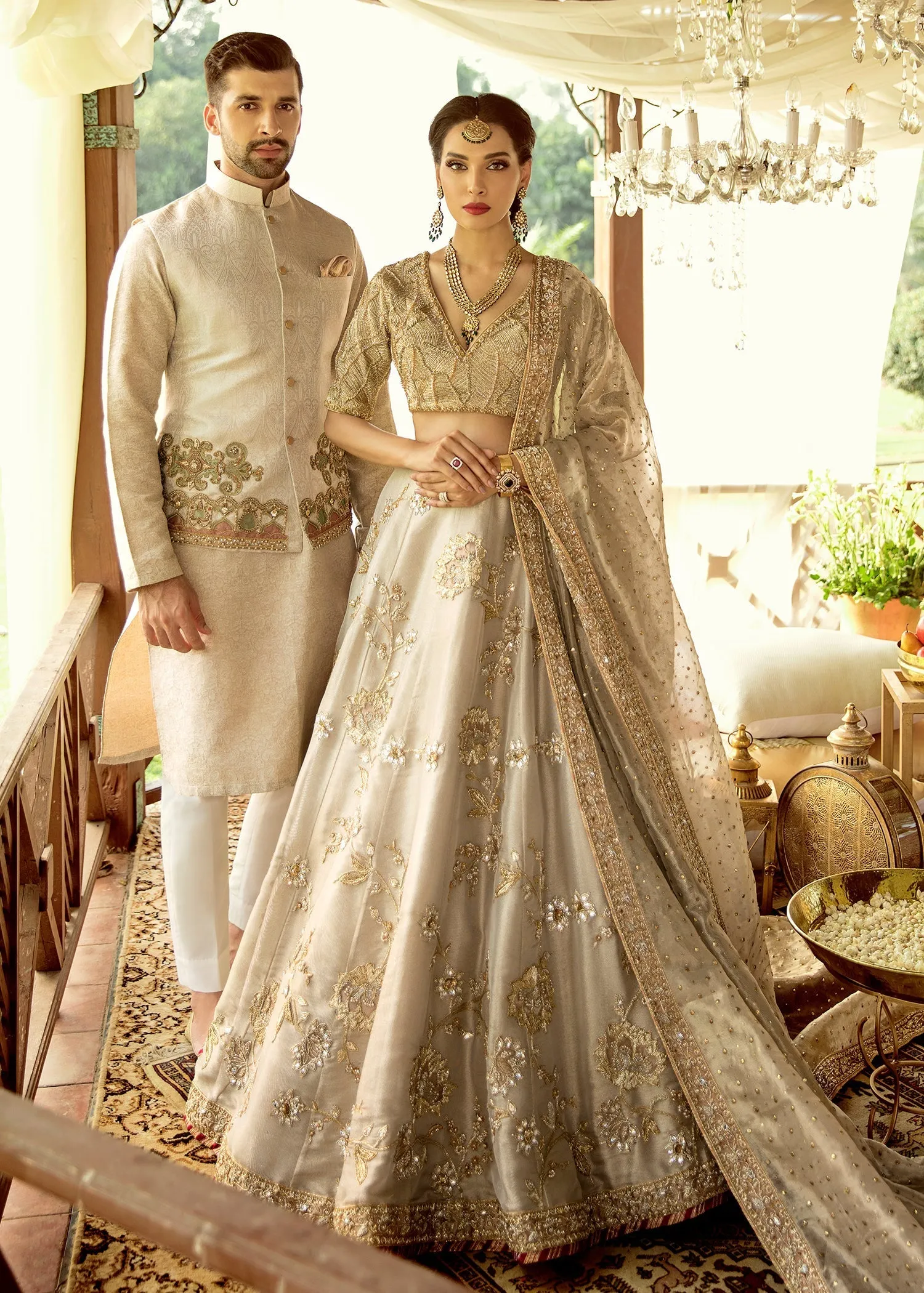 Silver Gold Embroidered Pakistani Bridal Dress in Lehenga Choli Style
