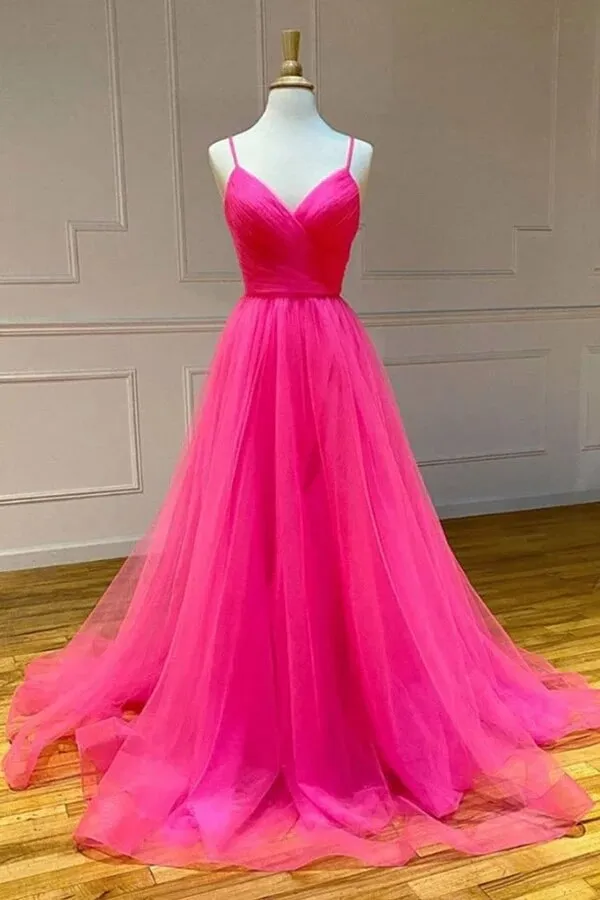 Simple Hot Pink Tulle A-line Prom dresses With Slit, Long Formal Dress, MP745