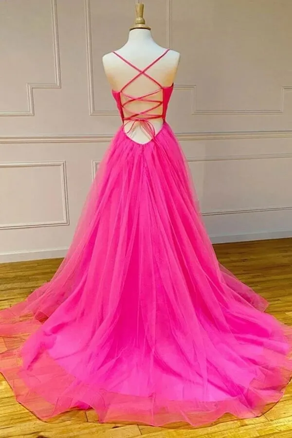 Simple Hot Pink Tulle A-line Prom dresses With Slit, Long Formal Dress, MP745