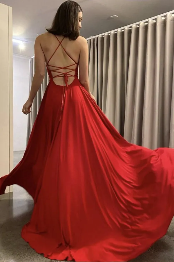 Simple Red Chiffon A-line Spaghetti Straps Long Prom Dresses With Side Split, SP777