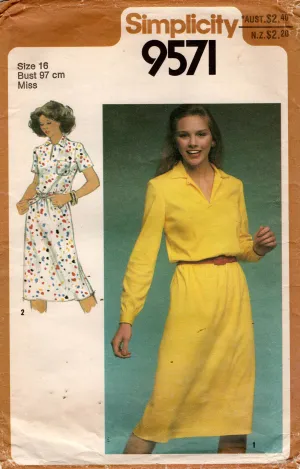 Simplicity 9571 EASY Womens Pullover Shirtdress 1980s Vintage Sewing Pattern Size 16 Bust 38 inches