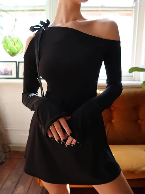 Slanted Shoulder Mini Dress with Lace-Up Detail
