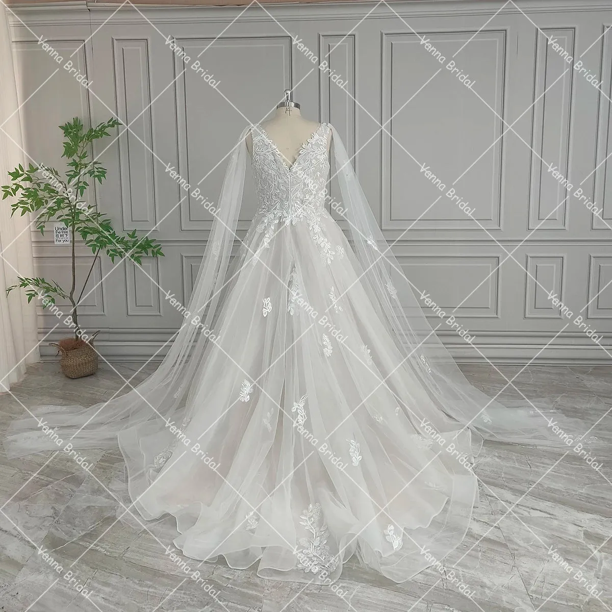 Sleeveless A Line Deep V Neck Customized Floral Appliqued Embroidered Lace Detachable Cape Tulle Plus Size Wedding Party Dress