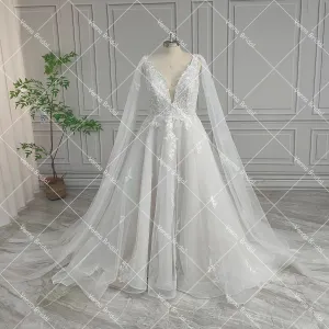 Sleeveless A Line Deep V Neck Customized Floral Appliqued Embroidered Lace Detachable Cape Tulle Plus Size Wedding Party Dress