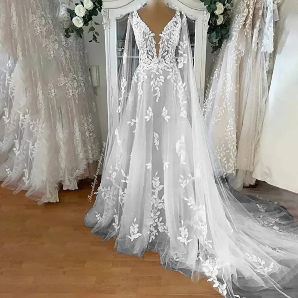 Sleeveless A Line Deep V Neck Customized Floral Appliqued Embroidered Lace Detachable Cape Tulle Plus Size Wedding Party Dress