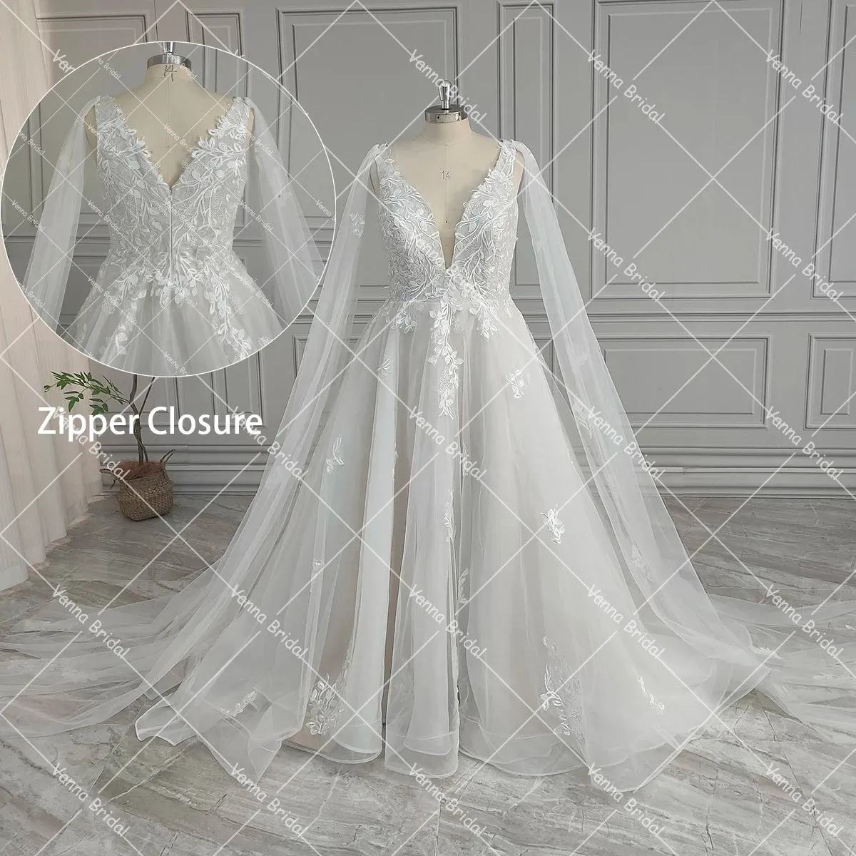 Sleeveless A Line Deep V Neck Customized Floral Appliqued Embroidered Lace Detachable Cape Tulle Plus Size Wedding Party Dress