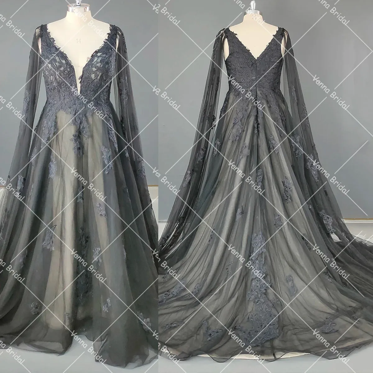 Sleeveless A Line Deep V Neck Customized Floral Appliqued Embroidered Lace Detachable Cape Tulle Plus Size Wedding Party Dress