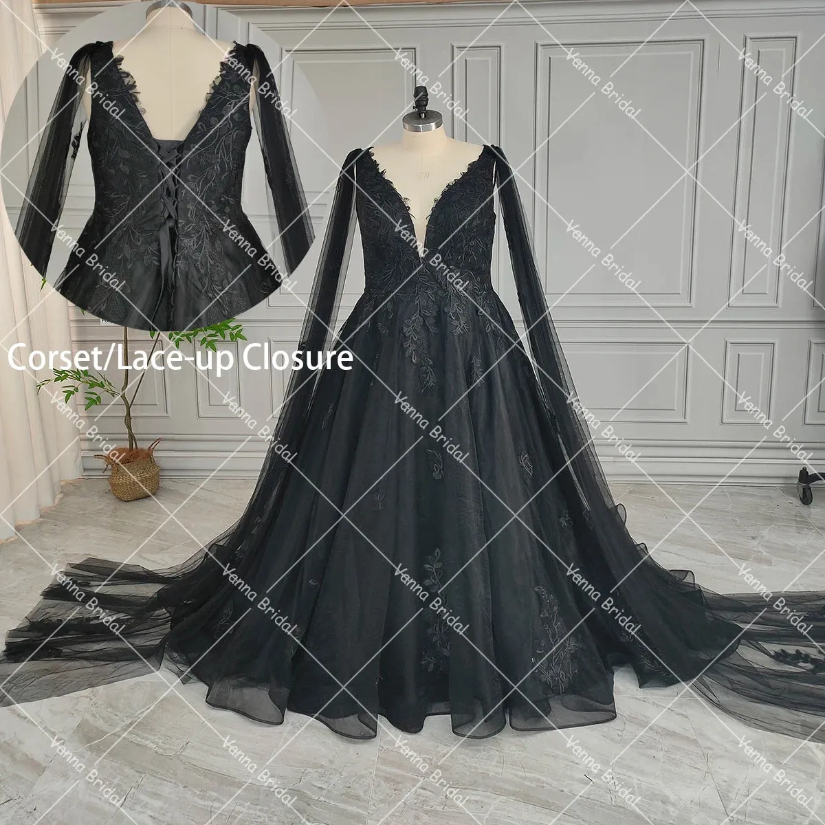 Sleeveless A Line Deep V Neck Customized Floral Appliqued Embroidered Lace Detachable Cape Tulle Plus Size Wedding Party Dress