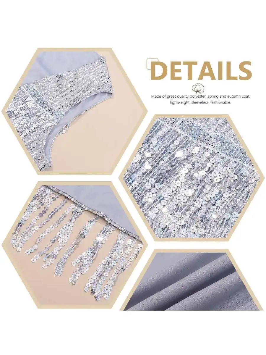 Sleeveless Cardigan Silver Sequin Fringe Vest Jacket
