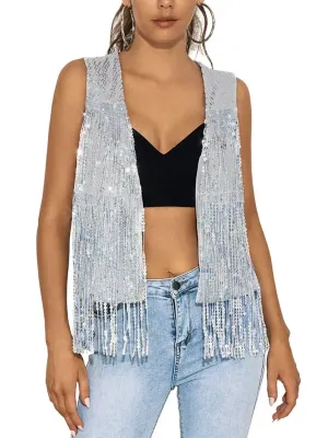 Sleeveless Cardigan Silver Sequin Fringe Vest Jacket
