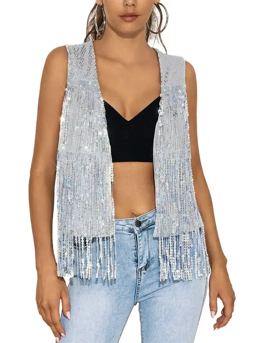 Sleeveless Cardigan Silver Sequin Fringe Vest Jacket