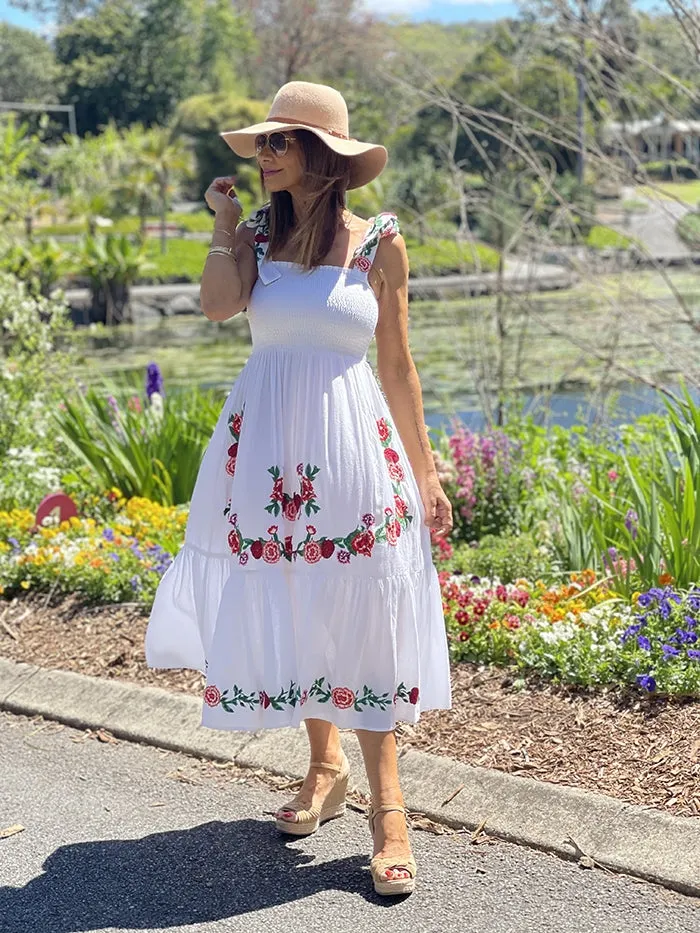 Smocked Maxi Dress - Floral Embroidery