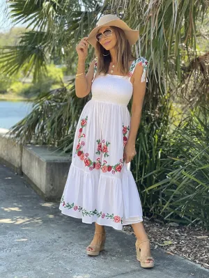 Smocked Maxi Dress - Floral Embroidery