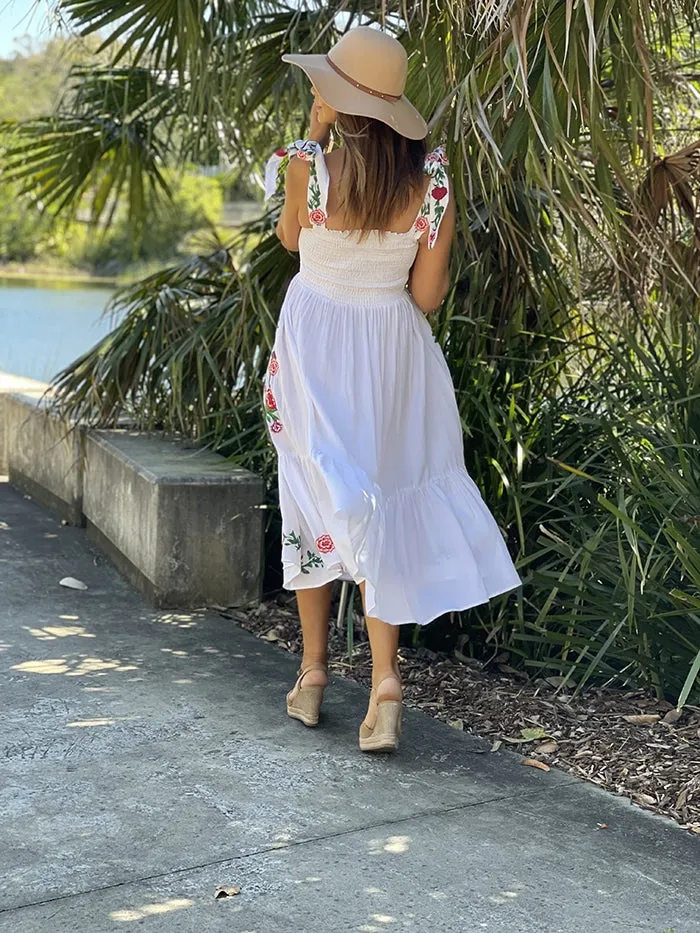 Smocked Maxi Dress - Floral Embroidery
