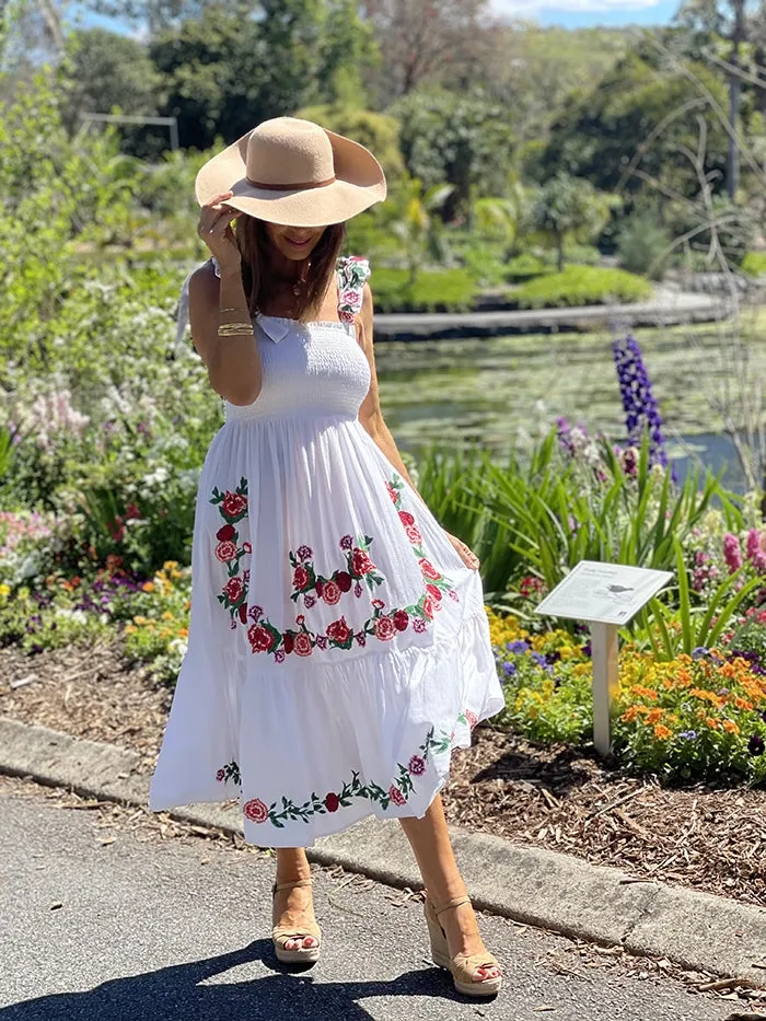 Smocked Maxi Dress - Floral Embroidery