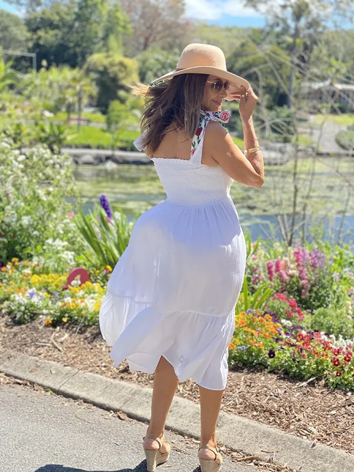 Smocked Maxi Dress - Floral Embroidery