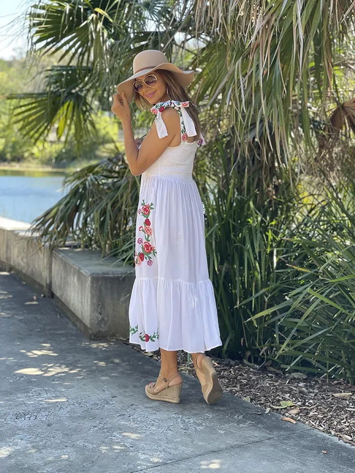 Smocked Maxi Dress - Floral Embroidery