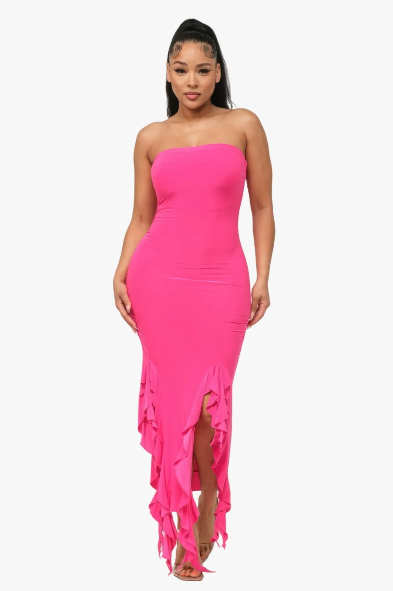 Solid Bottom Ruffle Trim Hem Slit Tube Maxi Dress