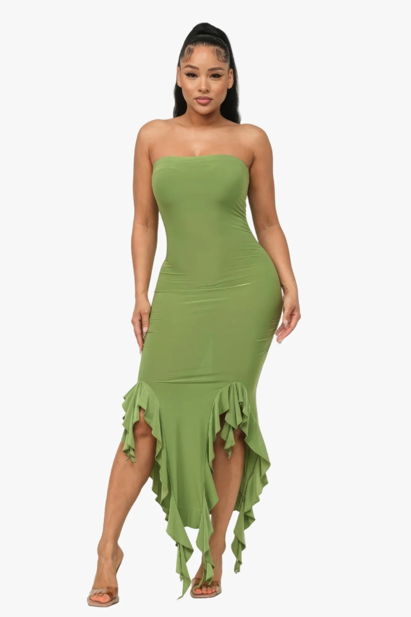 Solid Bottom Ruffle Trim Hem Slit Tube Maxi Dress