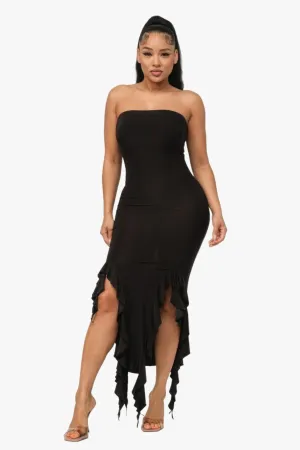 Solid Bottom Ruffle Trim Hem Slit Tube Maxi Dress