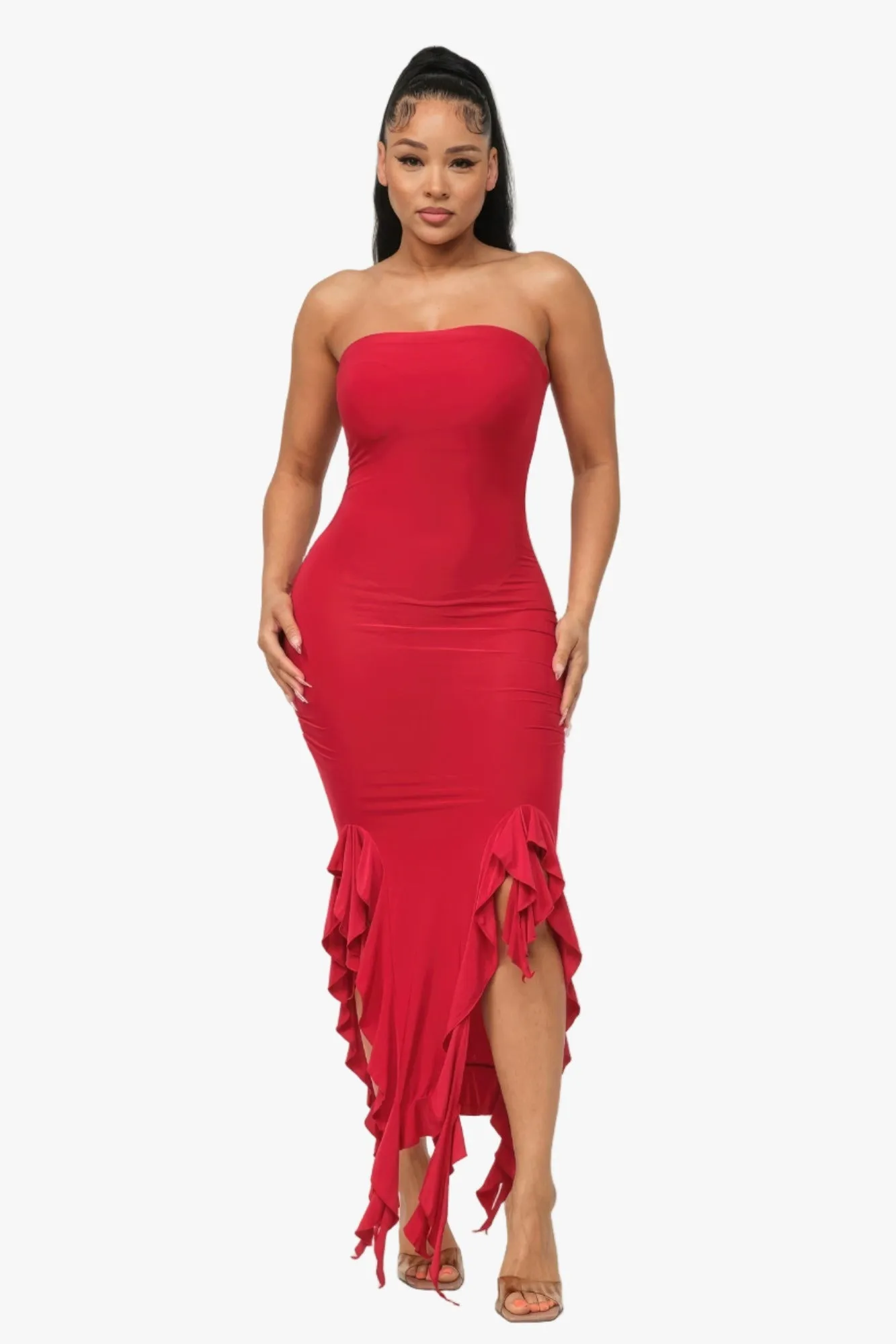 Solid Bottom Ruffle Trim Hem Slit Tube Maxi Dress