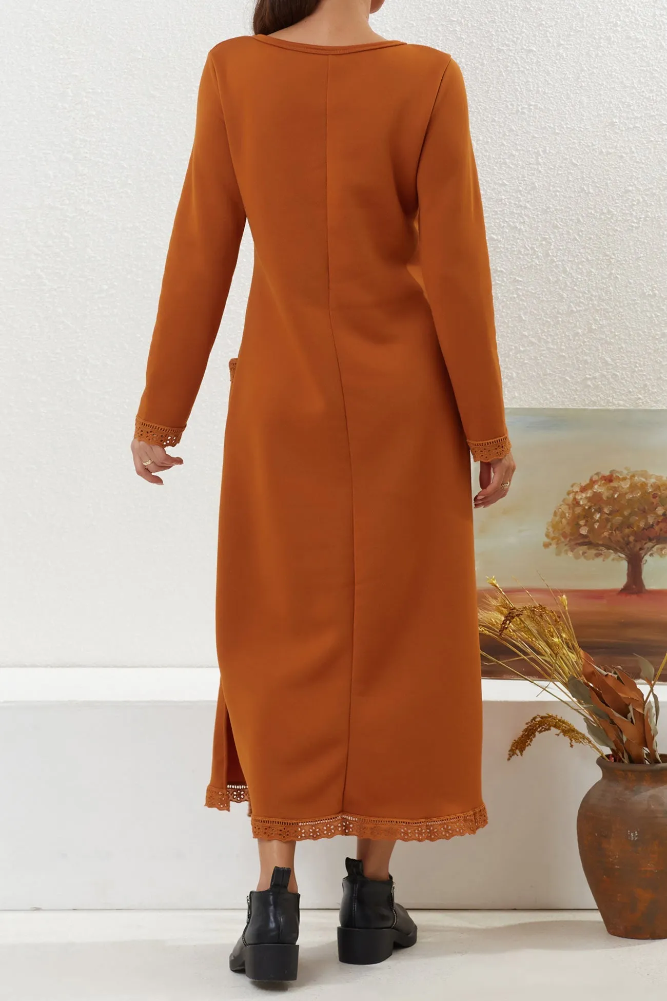 Solid Pocketed Lacework Hem Dress