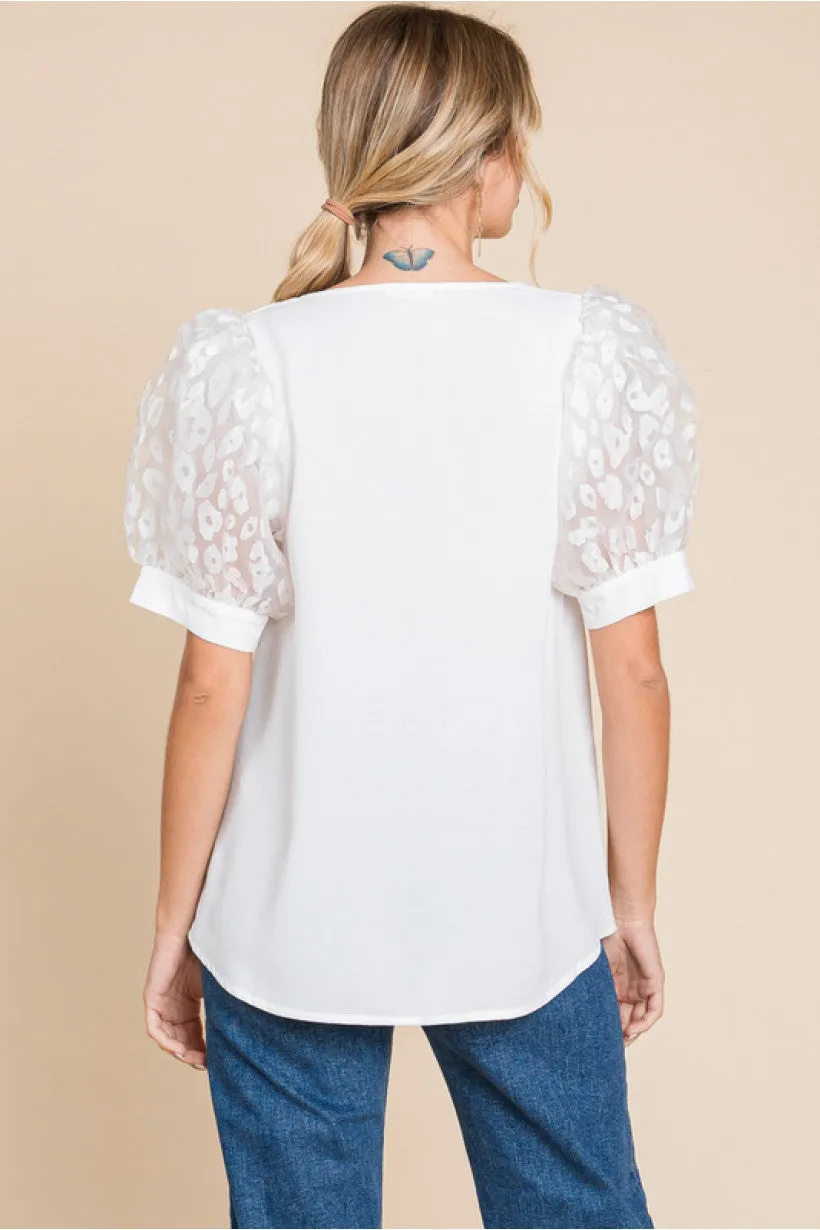 Solid Top W/V-Neck Short Puffed Sleeves Leopard Organza Fabric