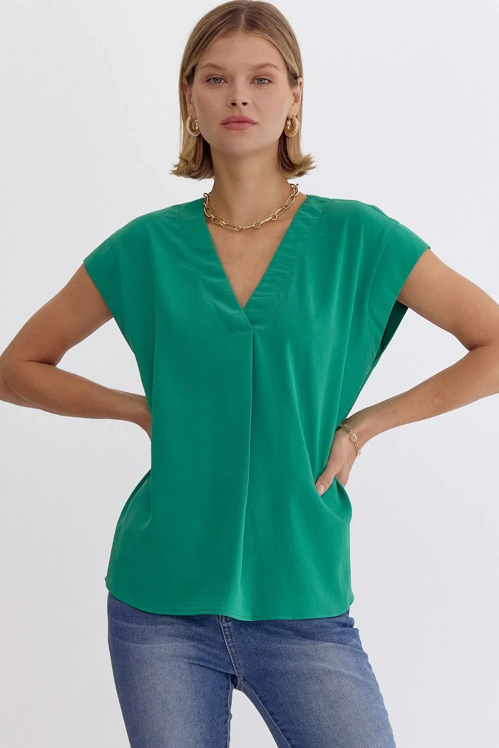 Solid V-Neck Short Sleeve Top Featuring Placket Detail
